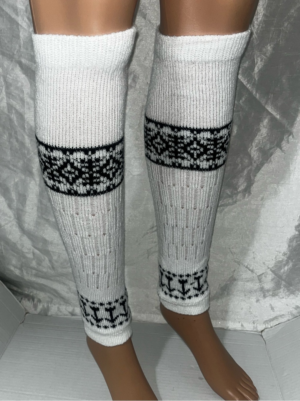 White Knit Leg Warmers with Black Fair Isle Accents
